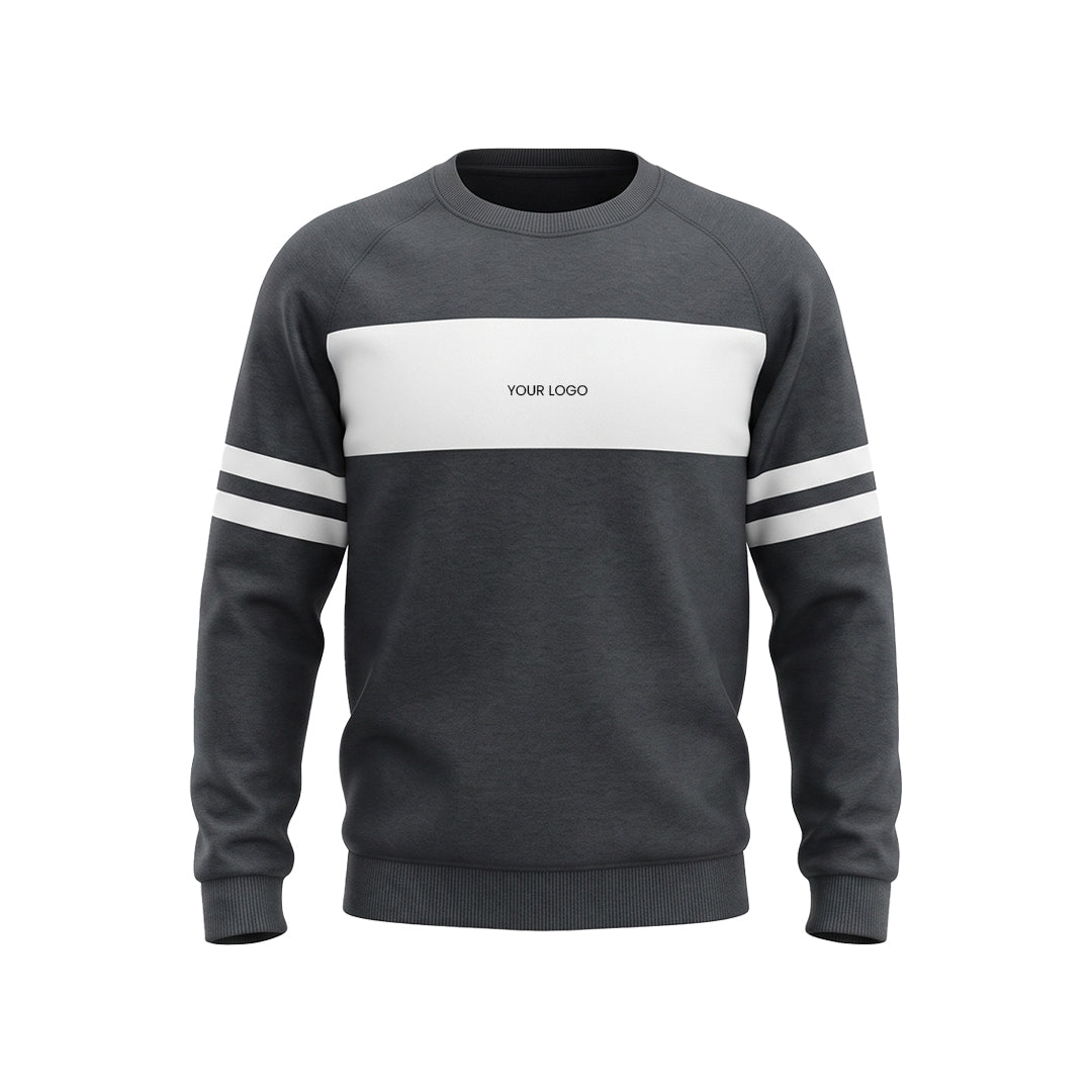 A dark gray crewneck sweatshirt with a wide white chest stripe, double white stripes on the sleeves, and 'YOUR LOGO' printed in black on the chest, shown on a plain white background.