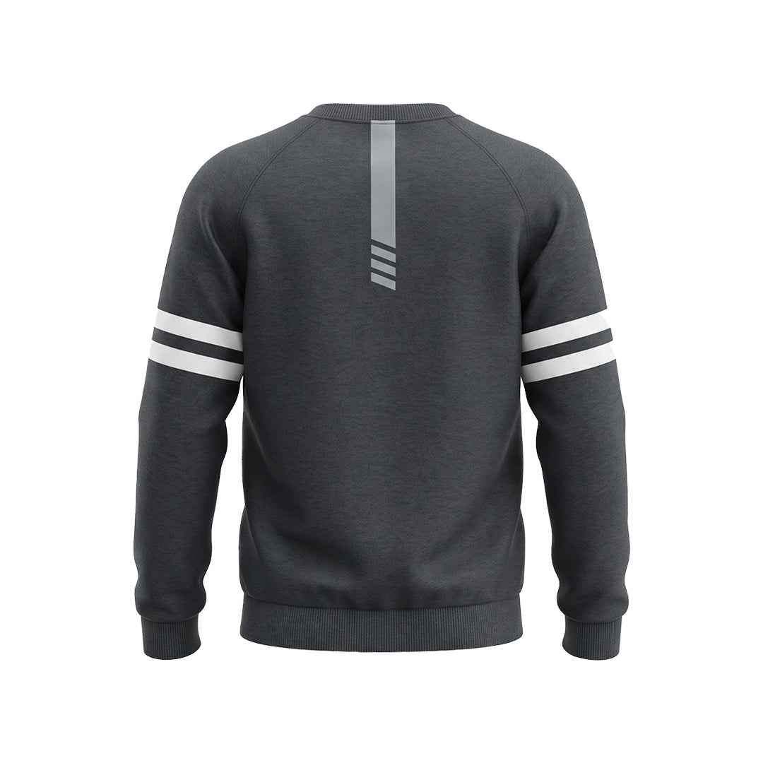 A dark gray heather crewneck sweatshirt shown from the back, featuring a vertical silver-gray stripe with three horizontal lines on the upper back and two white stripes on each sleeve.