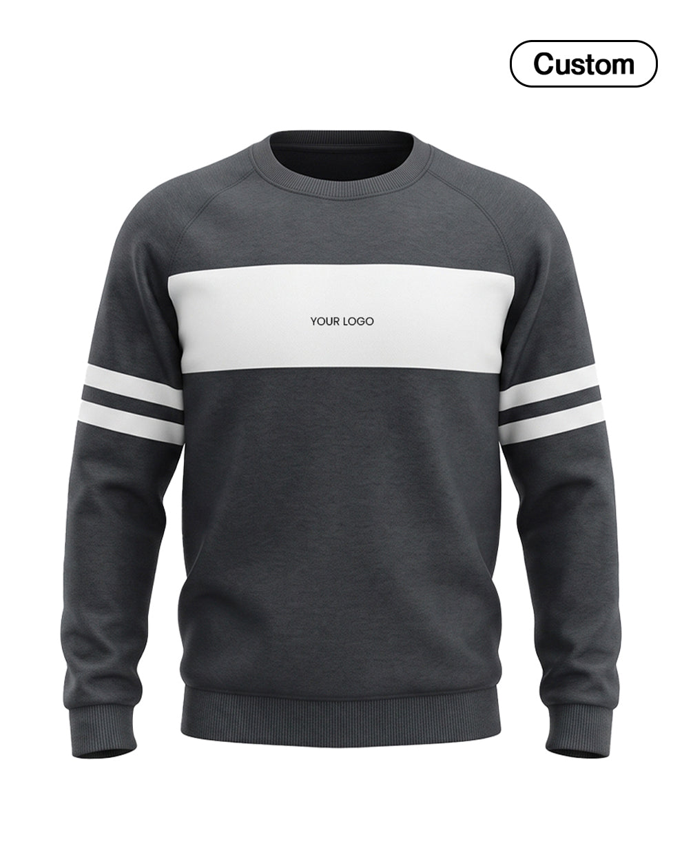 A dark gray crewneck sweatshirt with a wide white chest stripe, double white stripes on the sleeves, and 'YOUR LOGO' printed in the center. A 'Custom' badge is visible in the top right corner.