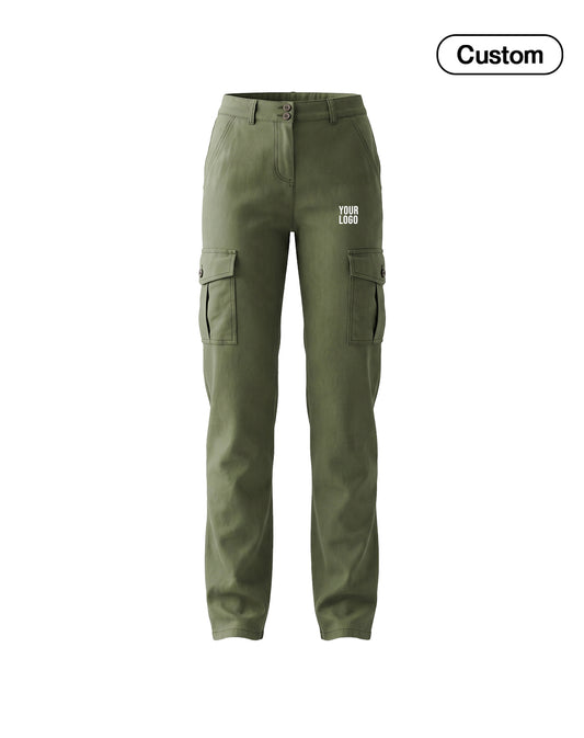 Olive green cargo pants with side flap pockets and a small white 'YOUR LOGO' text print on the right thigh, shown on a plain white background with a 'Custom' label in the top right corner.